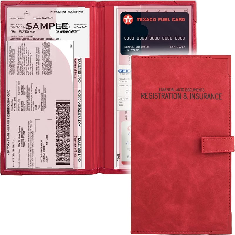 PlusXpres Auto Insurance and Registration Card Holder - Vehicle Glove Box Document Organizer - Car Essential Paperwork Holder for DMV  AAA  Contact Information Cards - Premium PU Leather Wallet Case - Red - Image 1